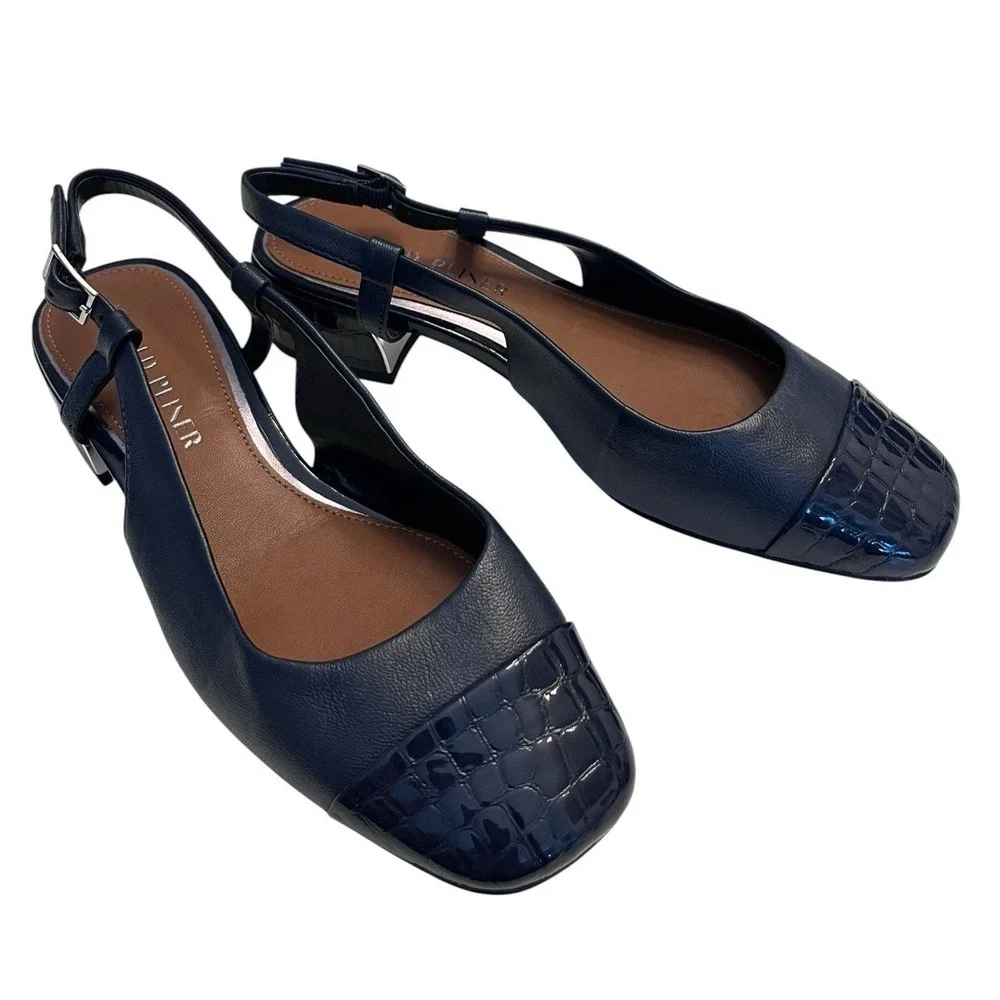 New DONALD PLINER Sz 6M Heels Davina Slingback Navy Blue Croc Embossed Cap Toe